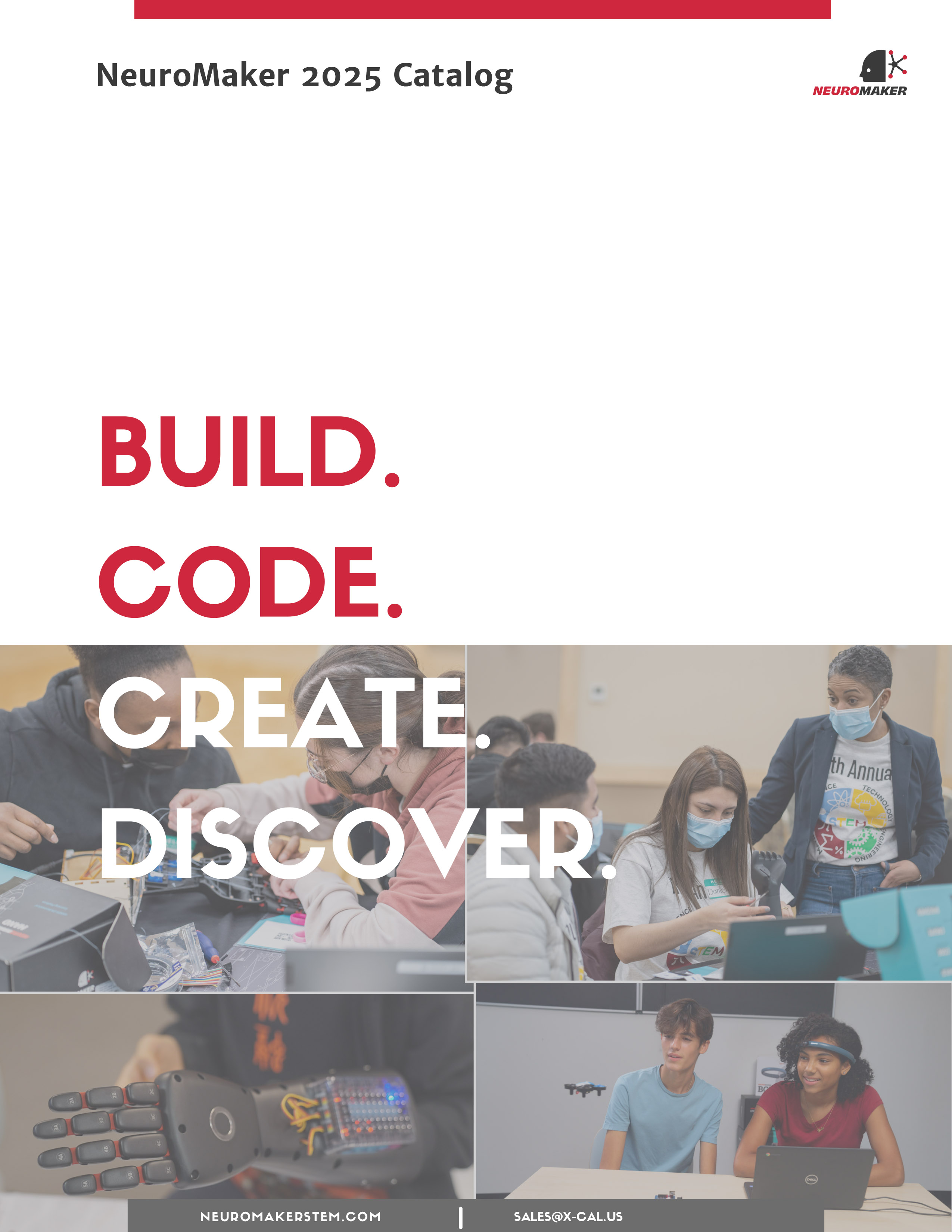 over of the 2025 NeuroMaker Catalog featuring the Build, Code, Create, Discover tagline and Tech-Labs contact information.