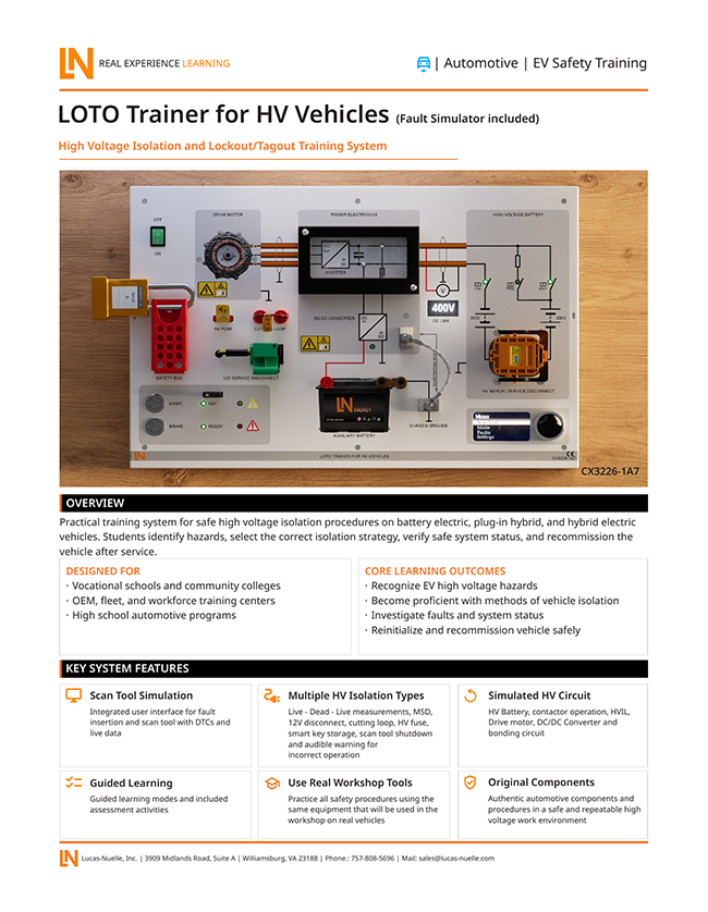 Lucas-Nuelle CX3226-1A7 LOTO Trainer for HV vehicles with simulated high-voltage automotive components Lucas-Nuelle CX3226-1A7 LOTO Trainer for HV vehicles with simulated high-voltage automotive components