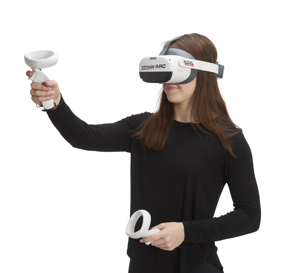 Virtual reality headset for welding fundamentals training VR welding headset hand controllers student interaction