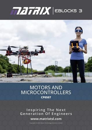 Motors and Microcontrollers Curriculum PDF Cover - Matrix TSL Matrix TSL Motors and Microcontrollers curriculum PDF cover for EBlocks 3 embedded systems training