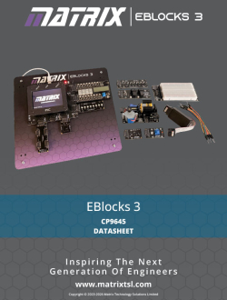 Matrix EBlocks3 modular embedded systems training platform featuring touchscreen controller, microcontroller programming boards, sensors, communications modules, and rapid prototyping hardware for engineering education